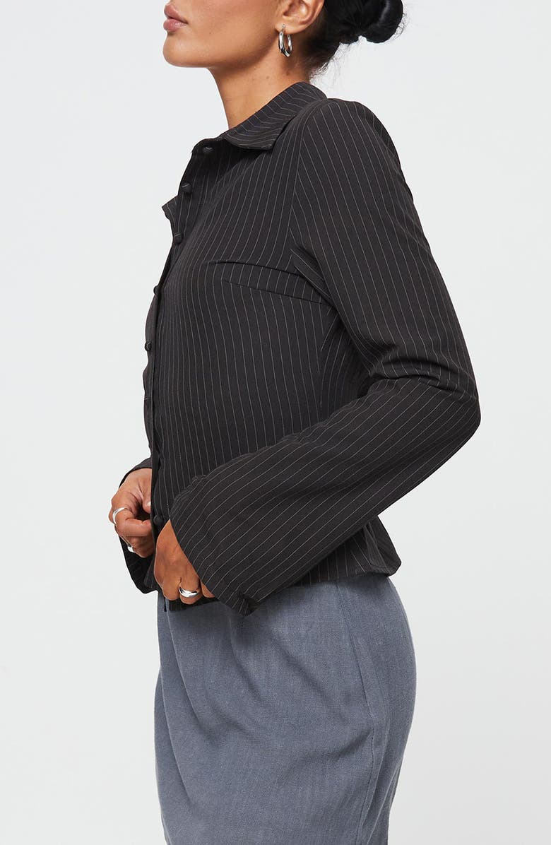 Princess Polly Anni Pinstripe Button-Up Shirt, Alternate, color, Black Pinstripe