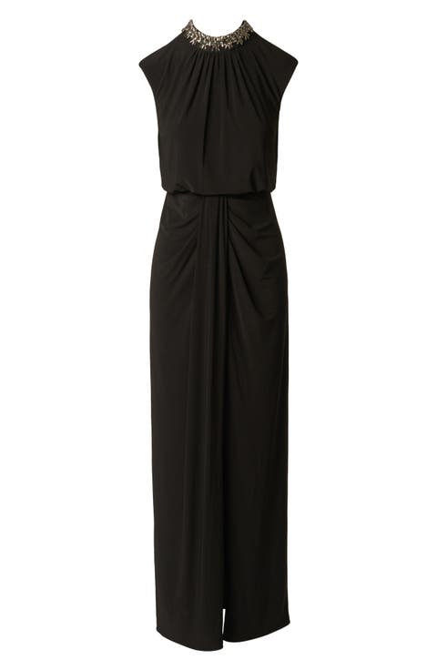 Faux Pearl Mock Neck Jersey Gown