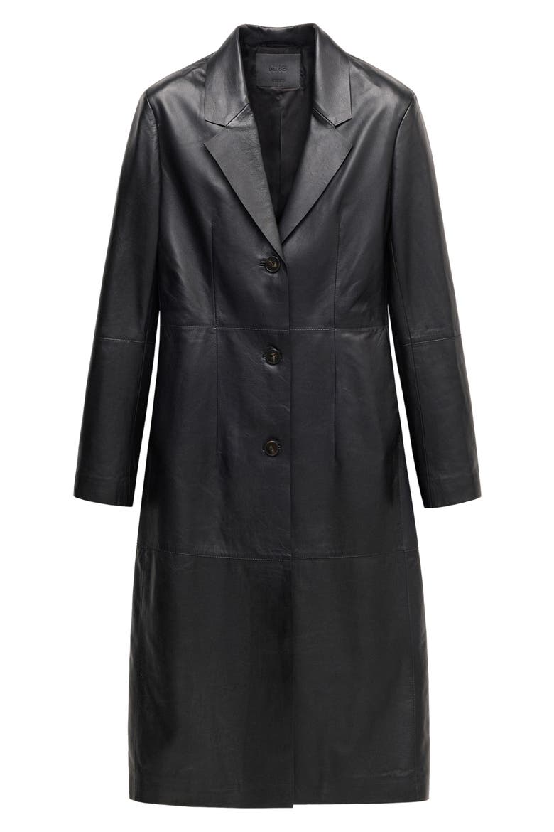 Peak Lapel Leather Coat, Main, color, BLACK
