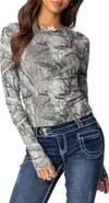 EDIKTED Camo Babe Mesh Long Sleeve Top