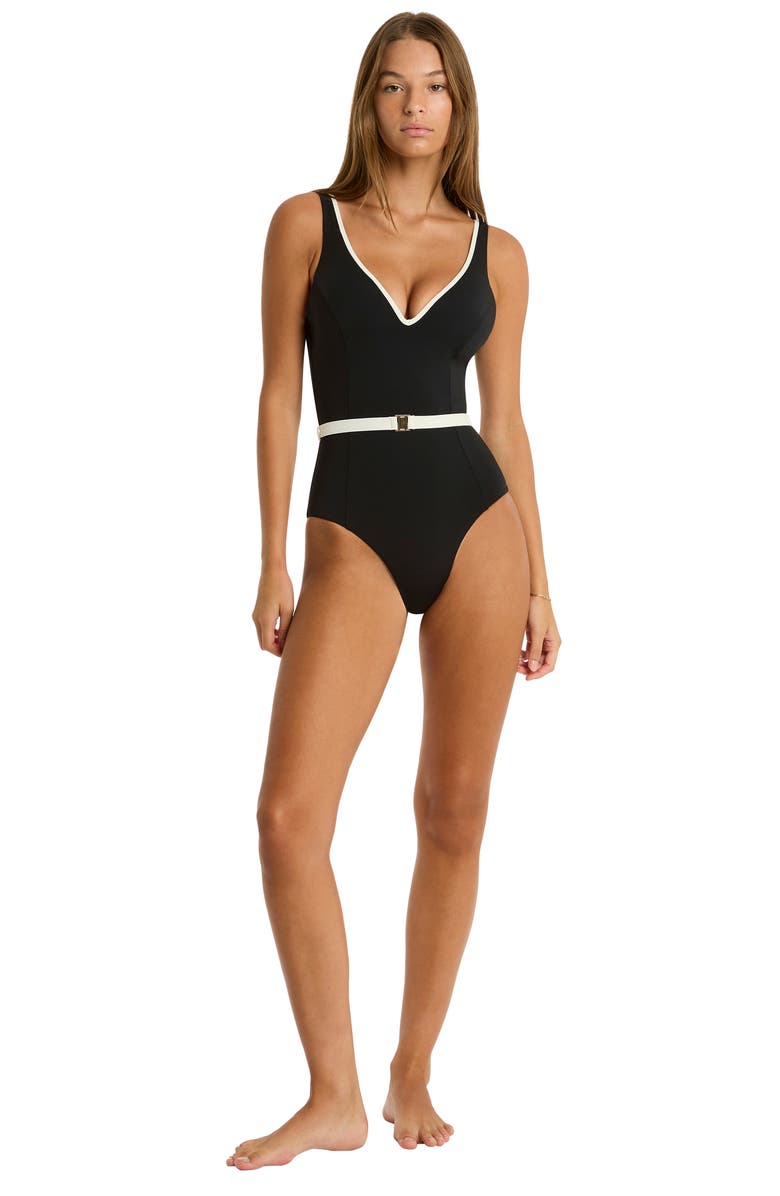Sea Level Babylon Belted One-Piece Swimsuit, Alternate, color, Black