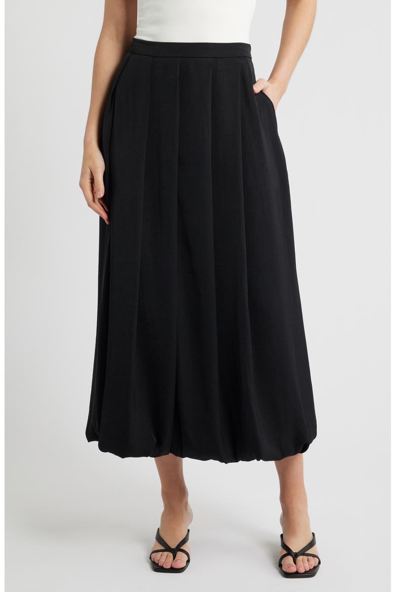 Pleated Bubble Hem Midi Skirt, Main, color, RICH BLACK