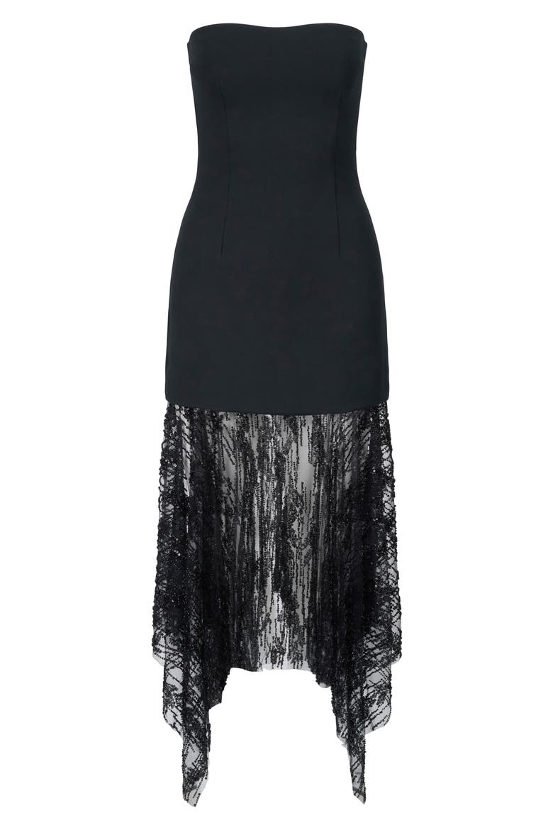 Jolie Strapless Sequin Mesh Hem Midi Dress, Main, color, BLACK