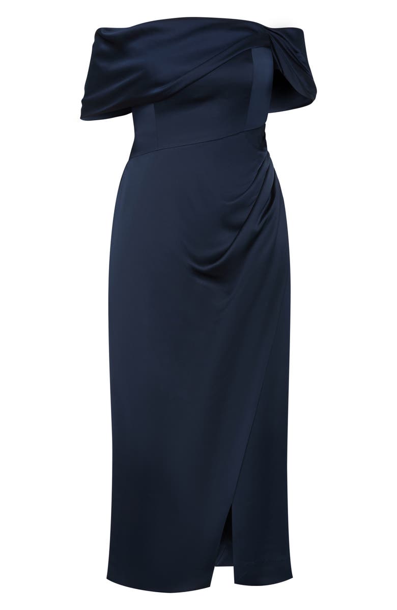 City Chic Paloma Off the Shoulder Satin Maxi Dress, Alternate, color, Navy