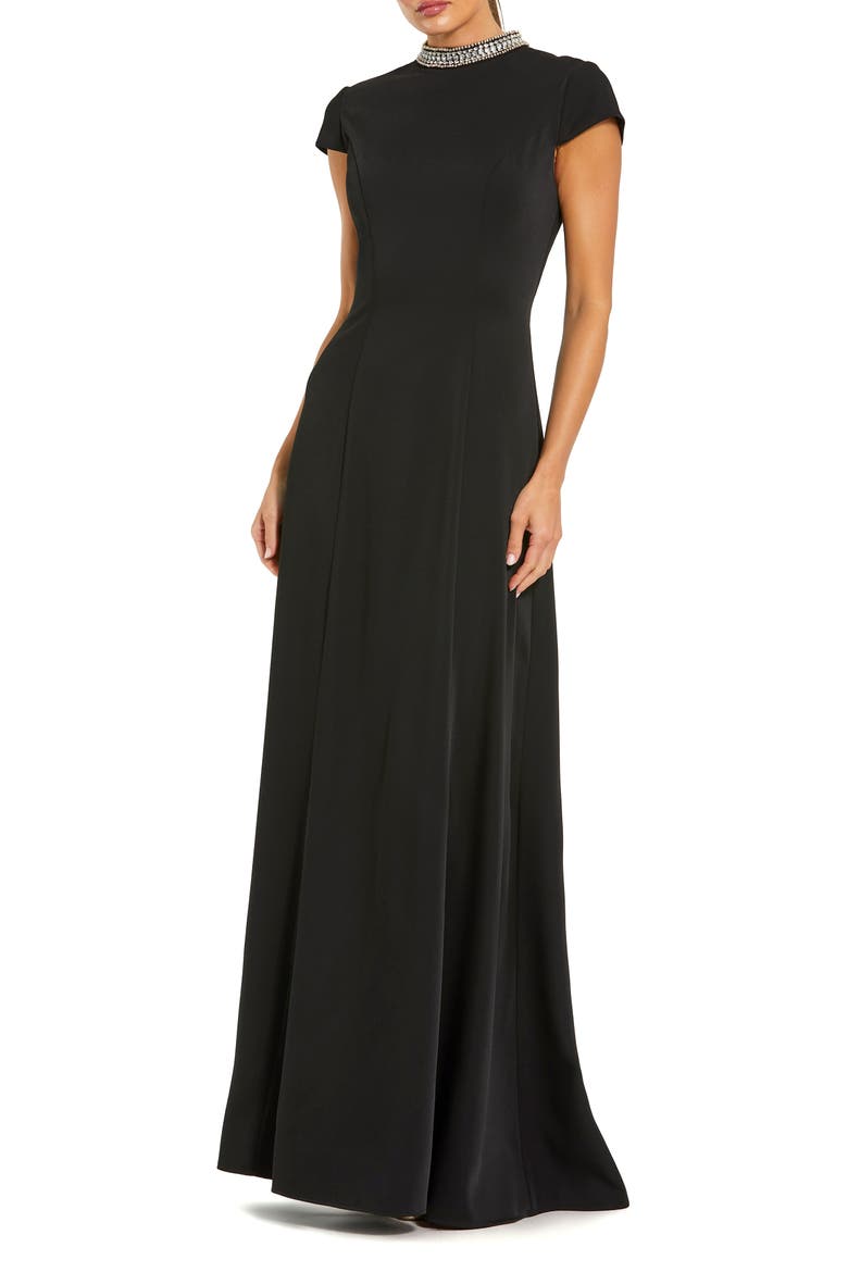 Cap Sleeve Gown With Embellished Neckline, Main, color, Black