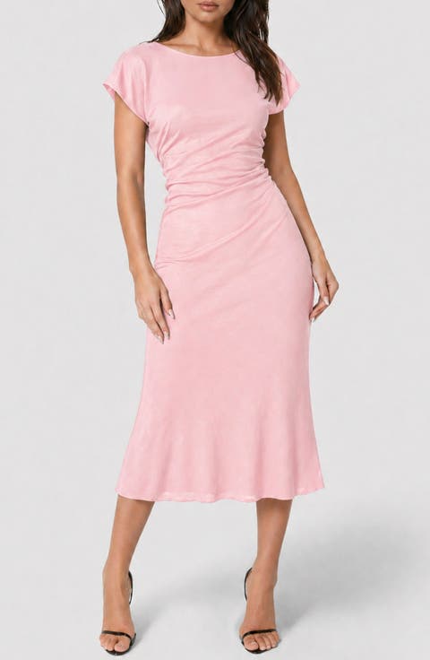 Crushed Satin Draped Back Midi Dress