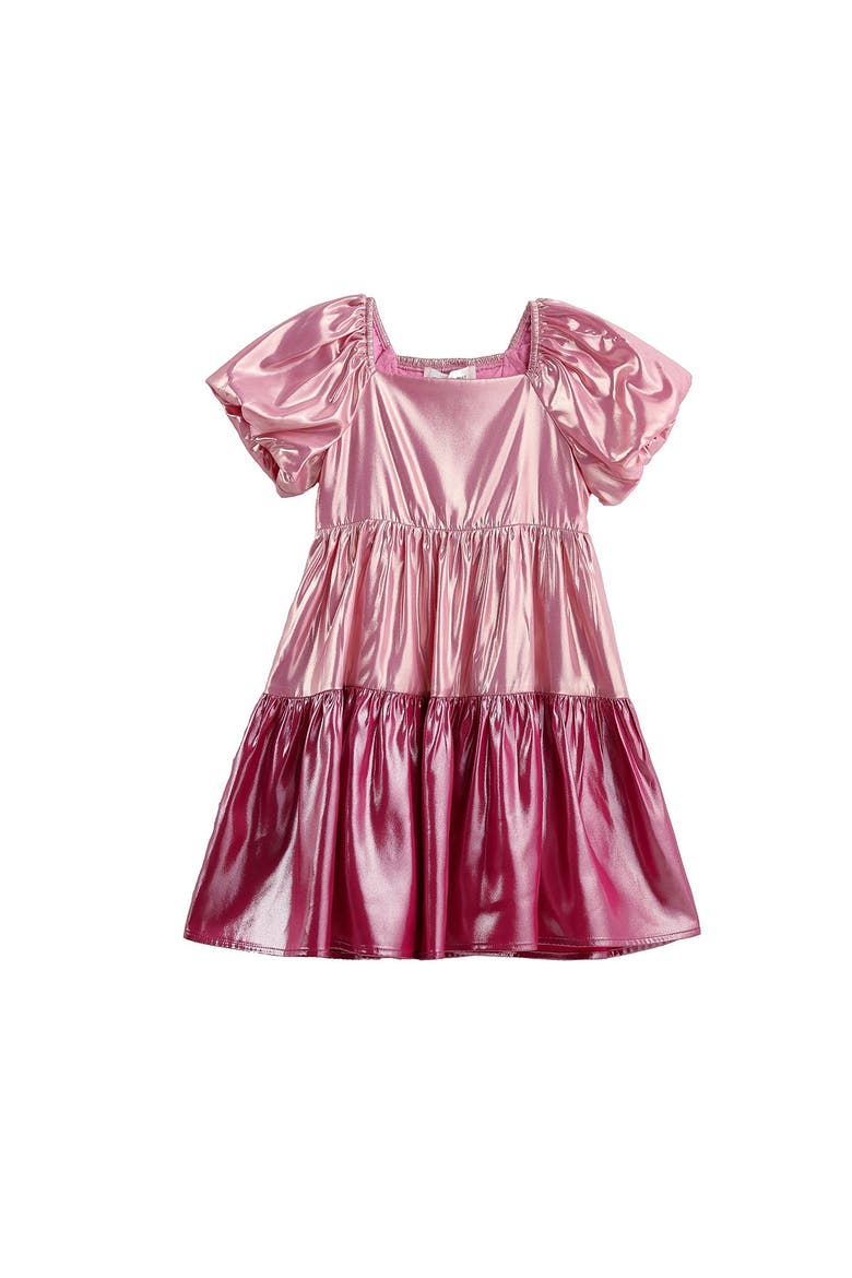 Berry Blush Short Sleeve Color Block Tiered Puff Sleeve Dress, Alternate, color, Pink