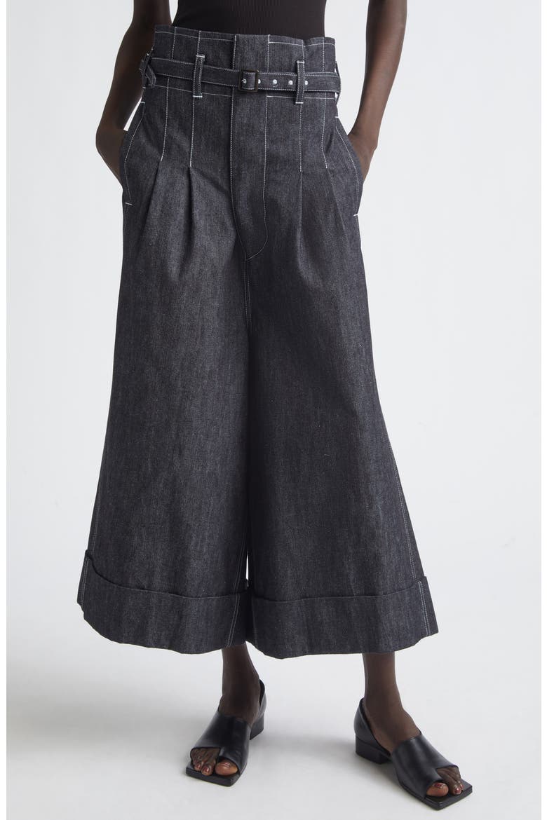 High Waist Belted Flared Denim Pants, Main, color, BLACK/ OFF WHITE