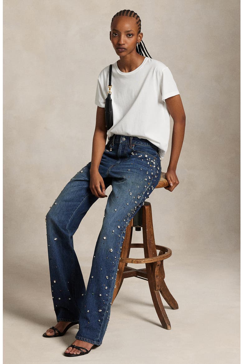 Rhinestone Embellished High Waist Relaxed Straight Leg Jeans, Alternate, color, LUGO WASH