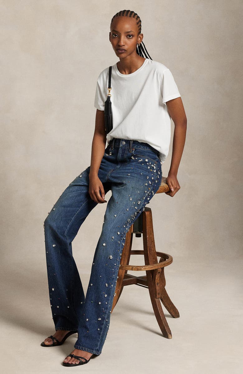 Polo Ralph Lauren Rhinestone Embellished High Waist Relaxed Straight Leg Jeans, Alternate, color, Lugo Wash