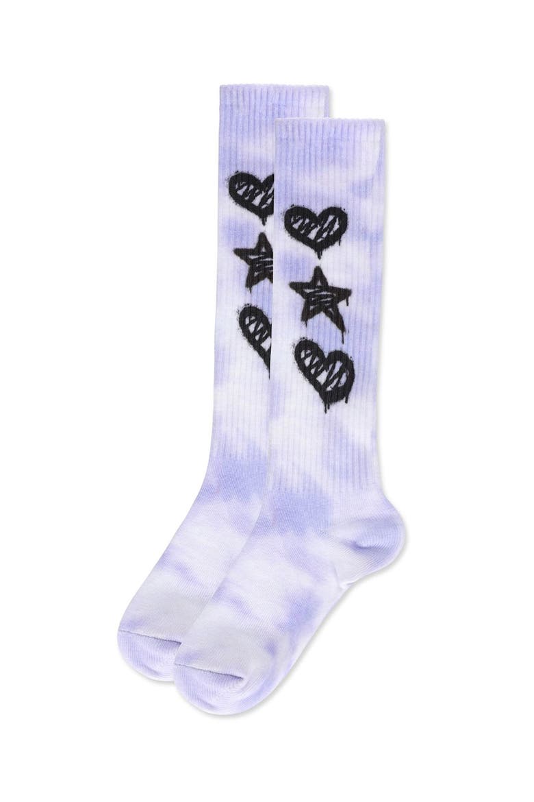 Tie Dye Graffiti Shapes Knee High Socks, Alternate, color, Purple