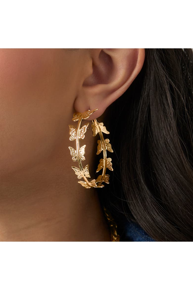 3-Piece Gold-Tone Hoop Earring Set with Butterfly Details, Alternate, color, Gold