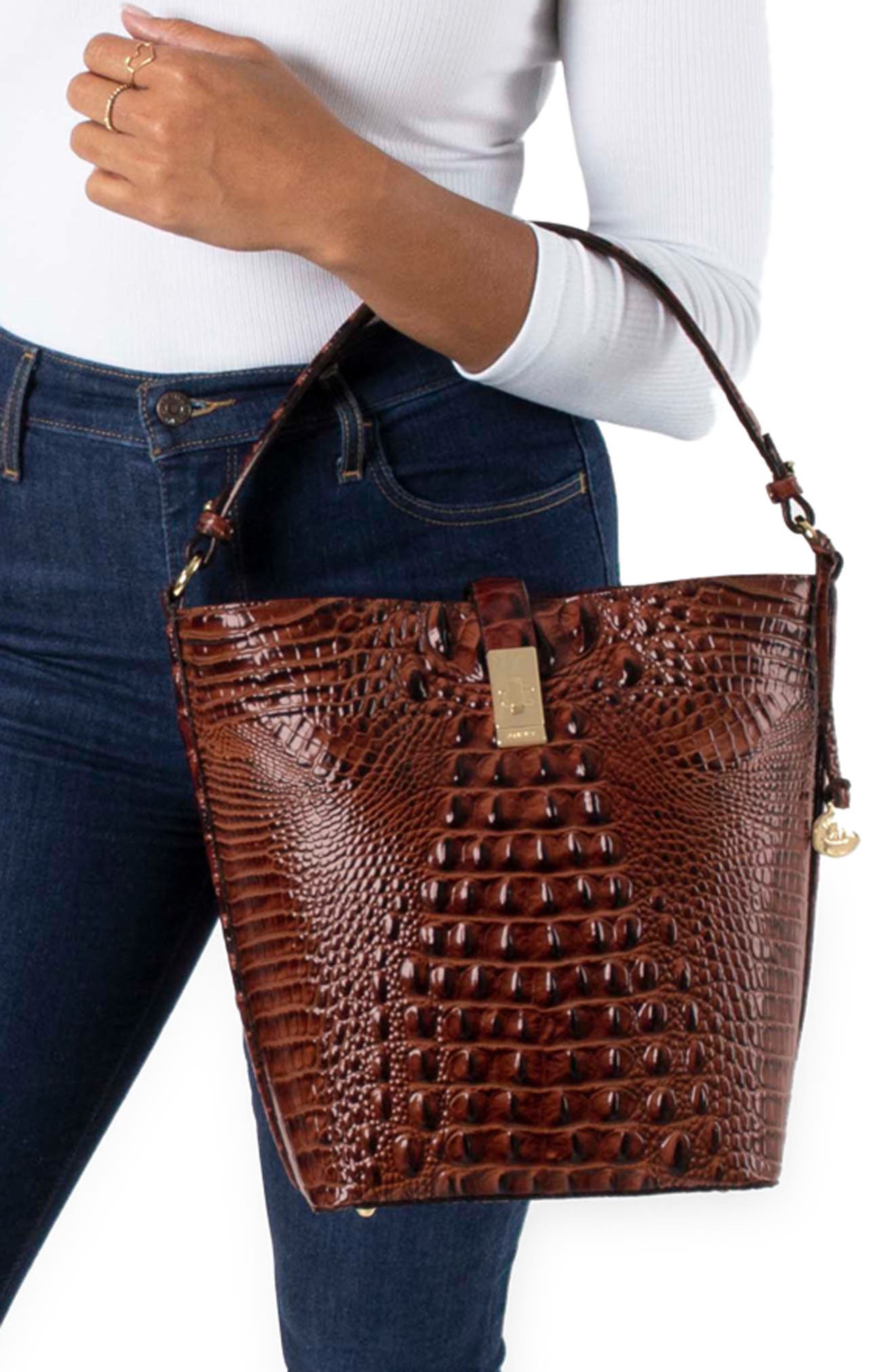 Brahmin Shira Genuine Shearling & Croc Embossed Leather Bucket Bag, Alternate, color, 