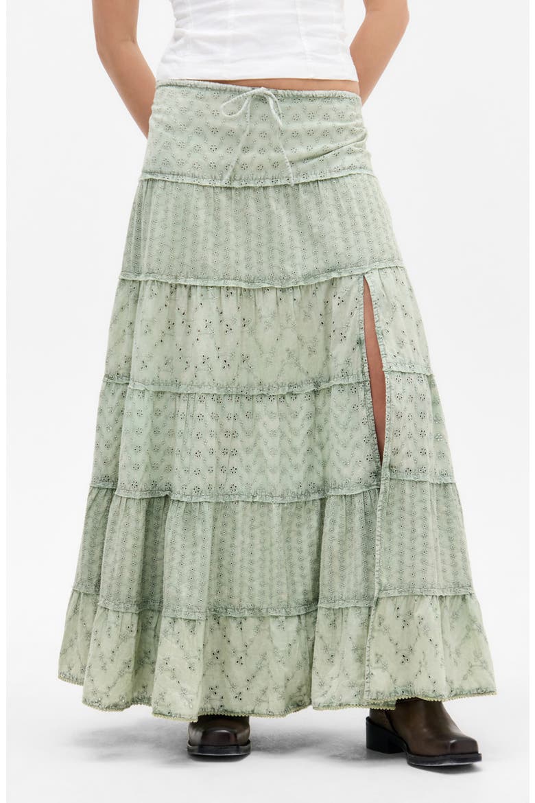 Embroidered Eyelet Tiered Cotton Maxi Skirt, Main, color, GREEN