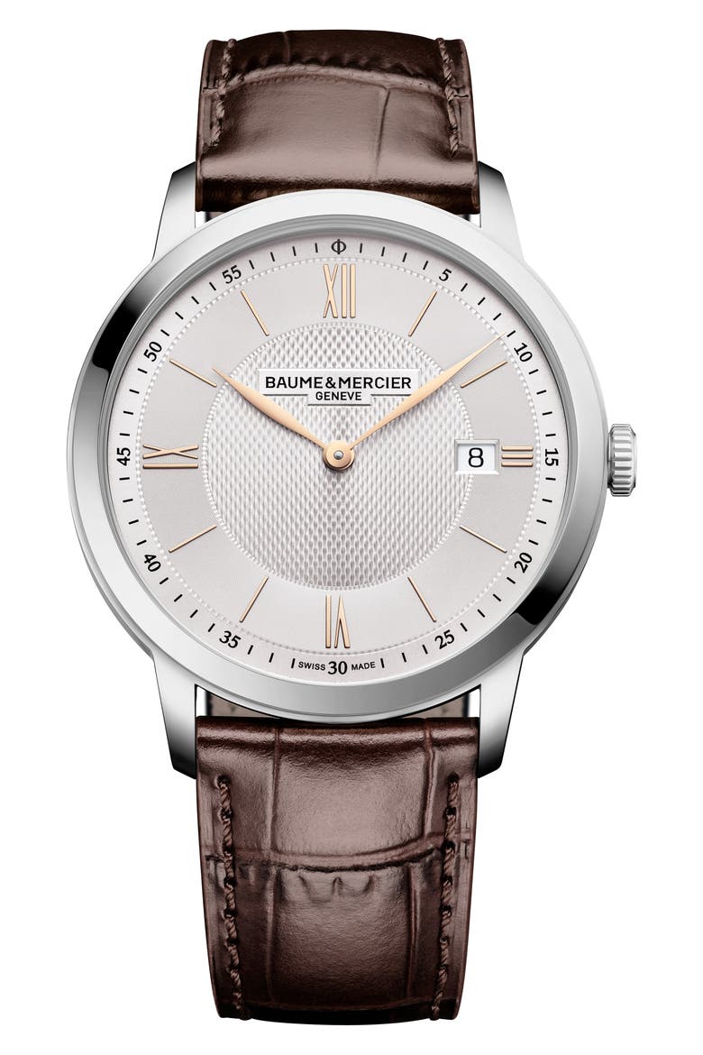 Classima Leather Strap Watch, 40mm, Main, color, SILVER