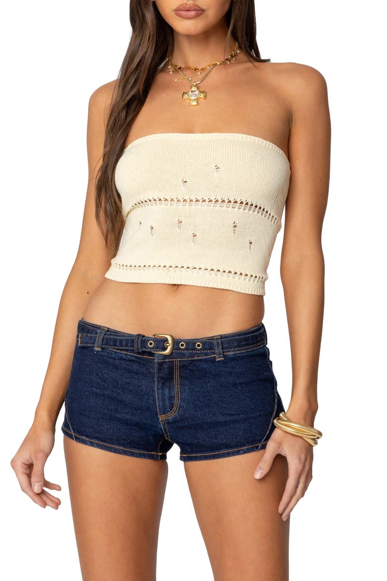 Belline Lace-Up Strapless Knit Top, Main, color, YELLOW