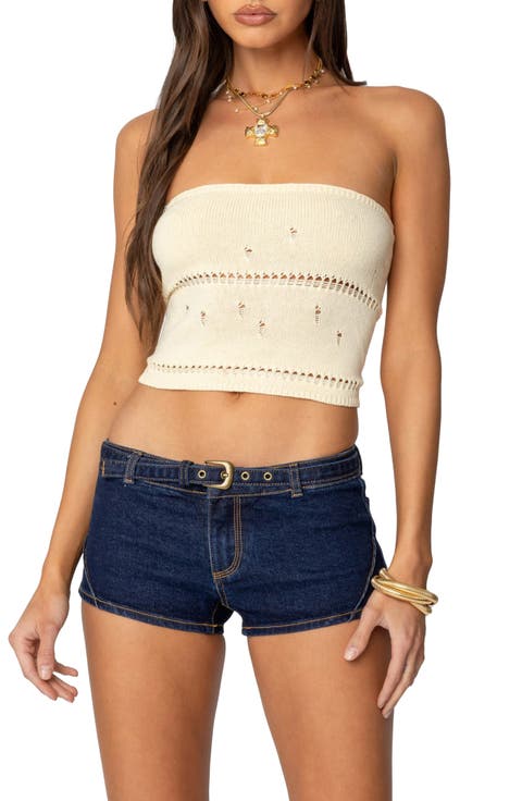 Belline Lace-Up Strapless Knit Top