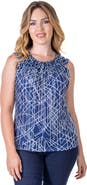 24seven Comfort Apparel Petites Navy Print Pleated Crew Neckline Back Closure Sleeveless Top