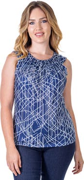 24seven Comfort Apparel Petites Navy Print Pleated Crew Neckline Back Closure Sleeveless Top