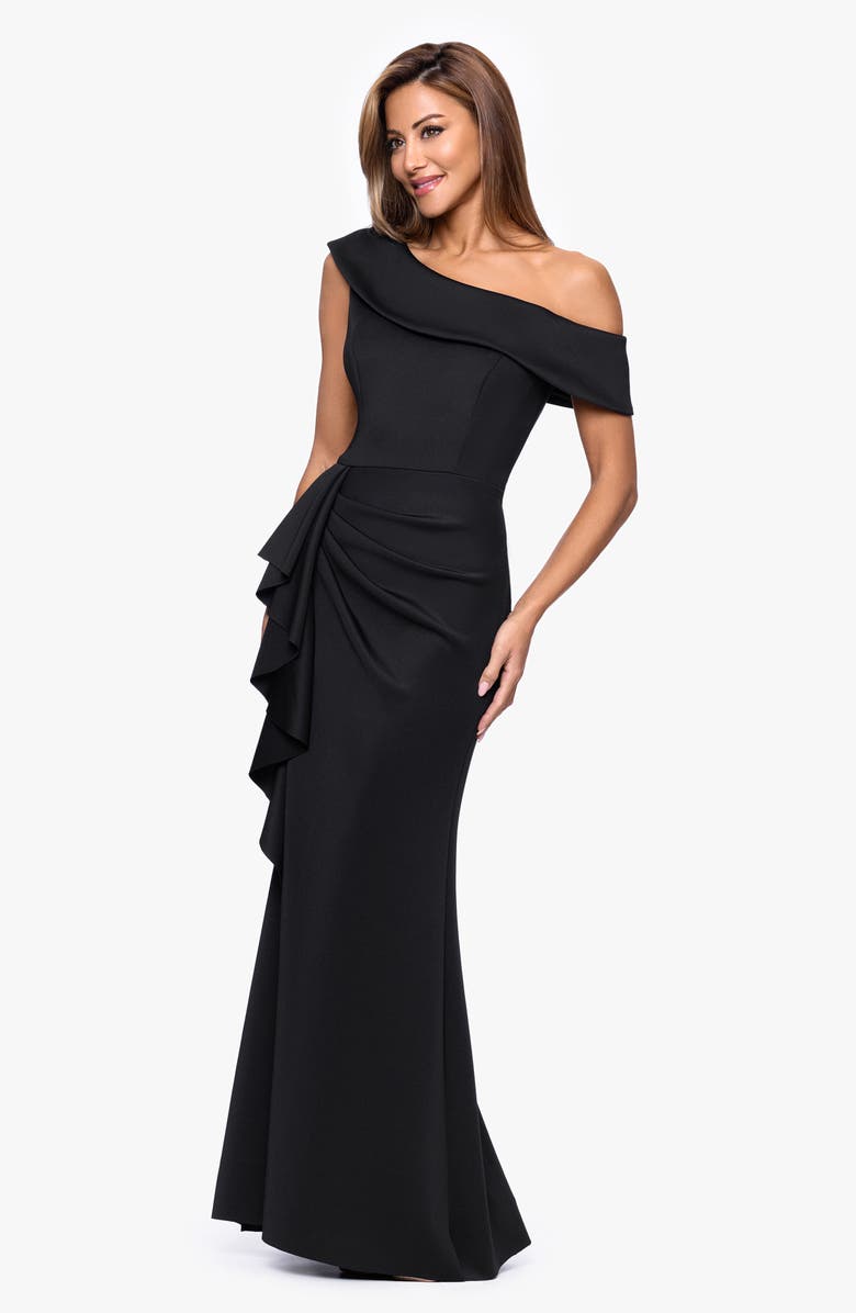 Xscape Evenings Ruffle One-Shoulder Scuba Knit Gown, Alternate, color, Black