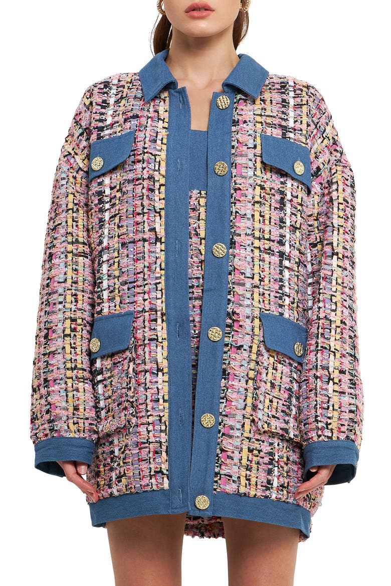 Tweed & Denim Oversize Shacket, Main, color, PINK MULTI