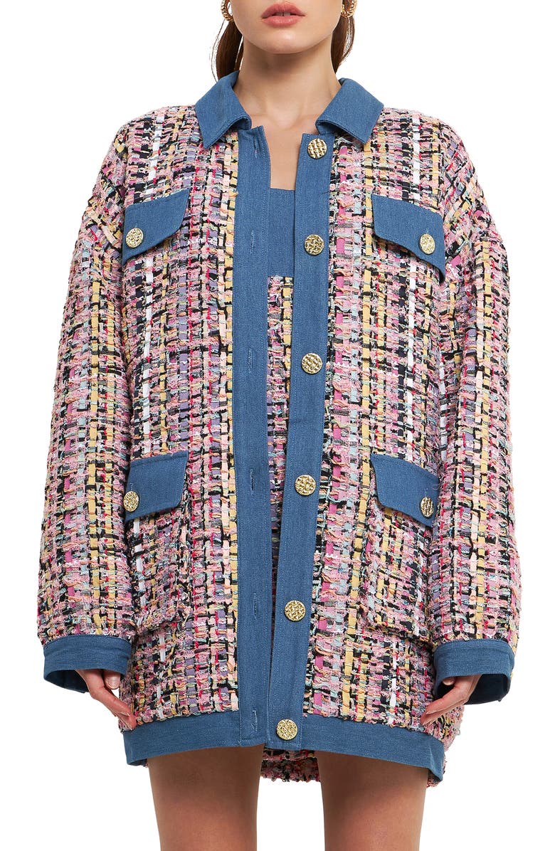 Endless Rose Tweed & Denim Oversize Shacket, Main, color, Pink Multi