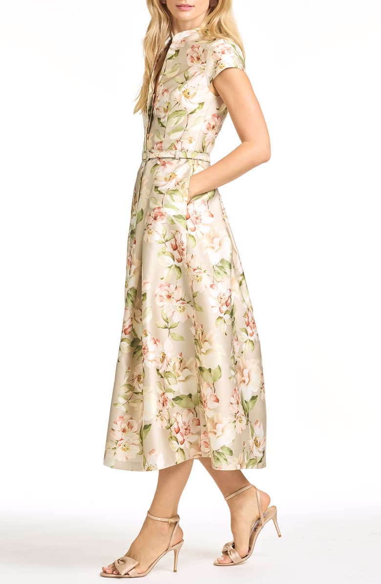 Sachin & Babi Martine Floral Mikado Belted Cocktail Midi Dress, Alternate, color, Pewter Camellia