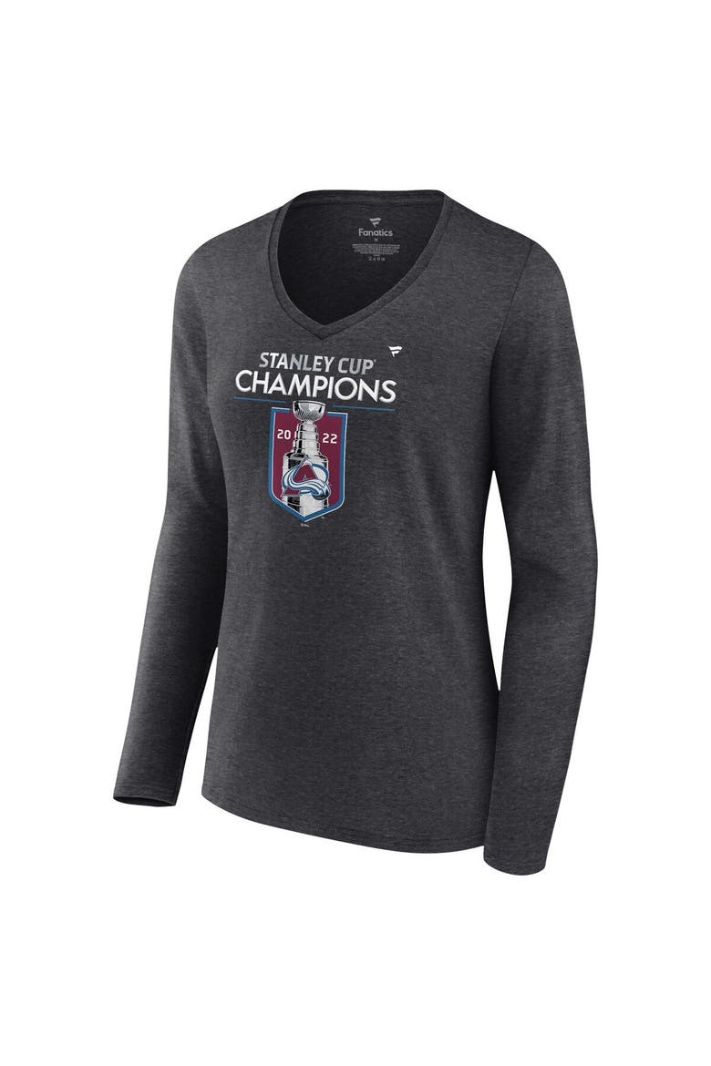 Women's Fanatics Branded Heathered Charcoal Colorado Avalanche 2022 Stanley Cup Champions Locker Room V-Neck Long Sleeve T-Shirt, Alternate, color, Heather Charcoal