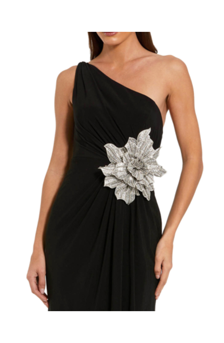 Mac Duggal Jersey One Shoulder Gown With Rhinestone Flower, Alternate, color, Black