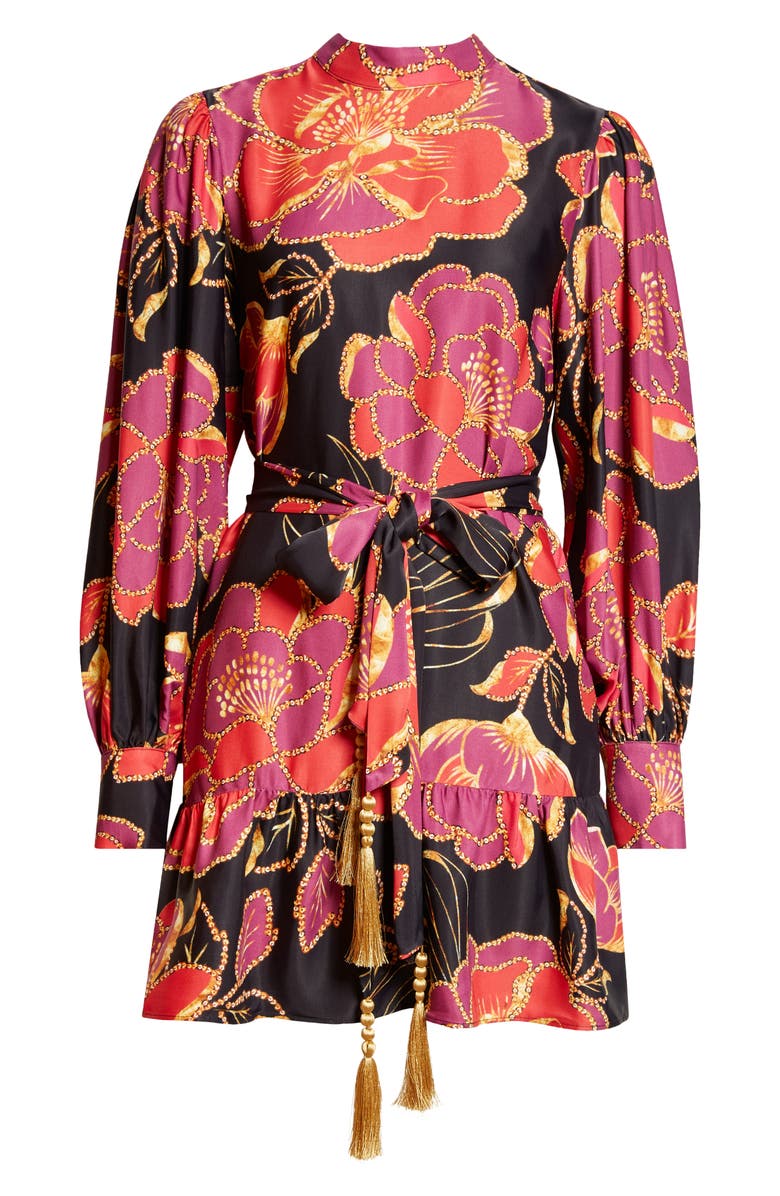 FARM Rio Shiny Chita Floral Print Long Sleeve Minidress, Alternate, color, Shiny Chita Black