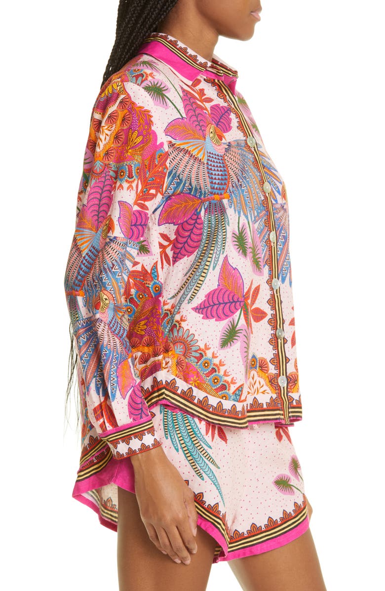 FARM Rio Macaw Scarf Linen Blend Button-Up Shirt, Alternate, color,