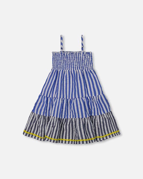 Deux Par Deux Girl's Smocked Seersucker Peasant Dress Blue And White Striped In Blue And White Striped