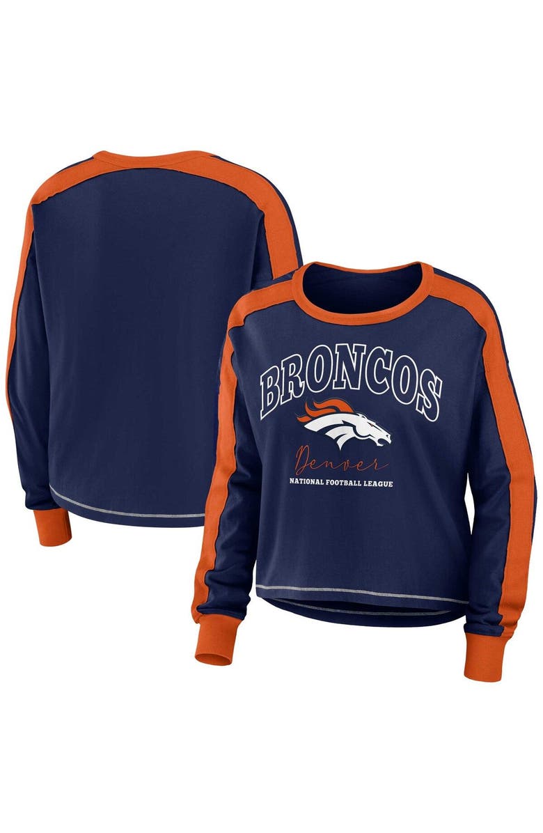 WEAR by Erin Andrews Women's WEAR by Erin Andrews Navy/Orange Denver Broncos Color Block Modest Crop Long Sleeve T-Shirt, Main, color,