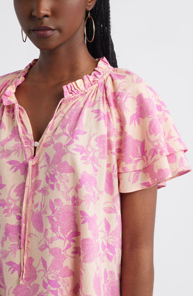 Treasure & Bond Shirred Botanical Print Linen Blend Top, Alternate, color, Coral- Pink Jill Bloom