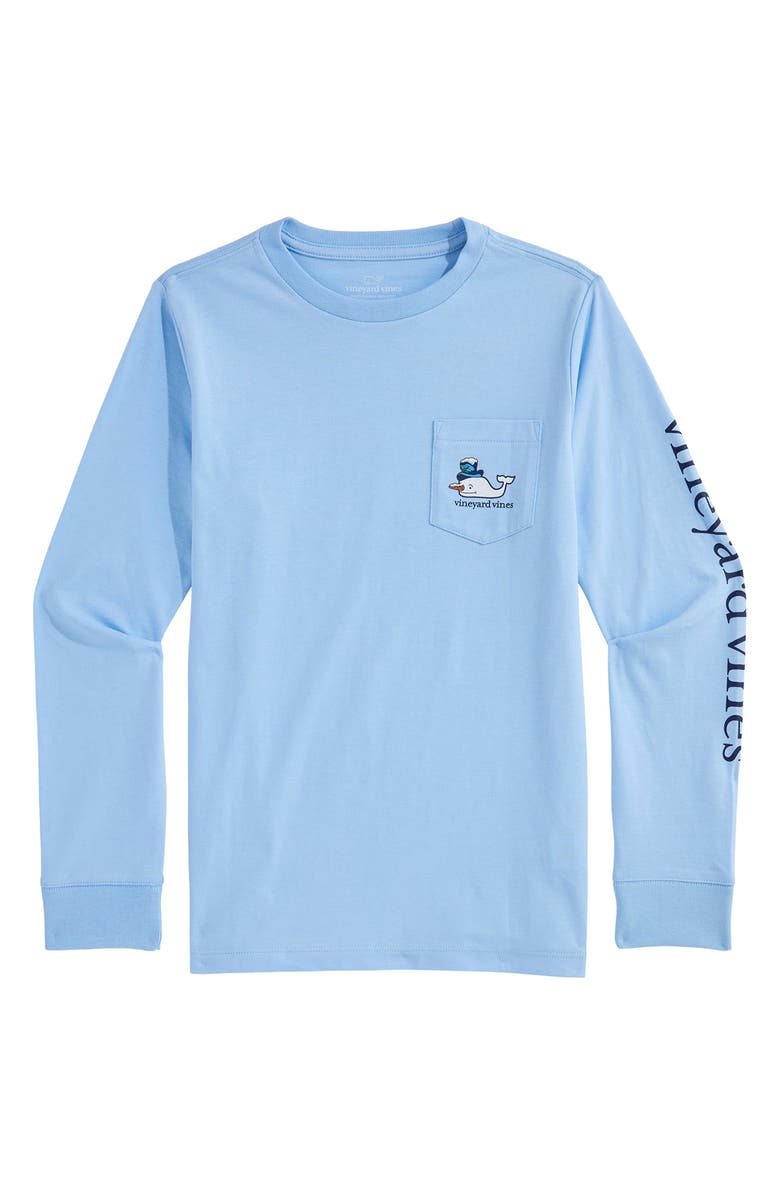 vineyard vines Kids' Snowman Whale Long Sleeve Cotton Graphic Pocket T-Shirt, Main, color, Jake Blue