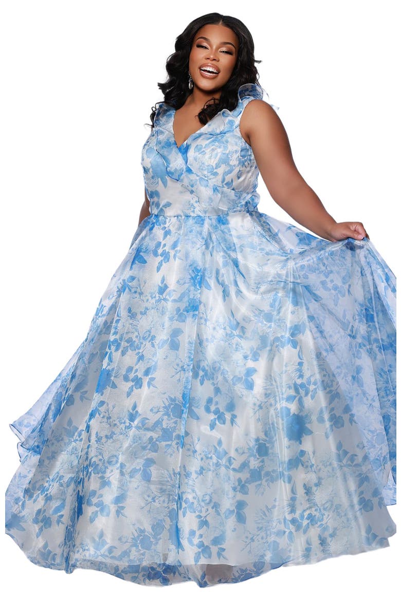 Bra-Friendly A-line Plus Size Floral Gown, Alternate, color, Blue Floral