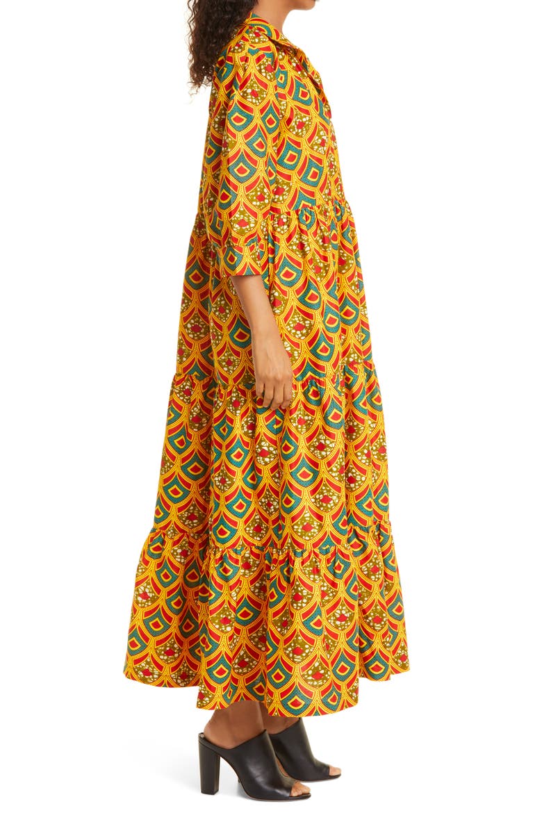 Crown Print Tiered Midi Dress (Nordstrom Exclusive), Alternate, color, GOLDEN RED TEAL