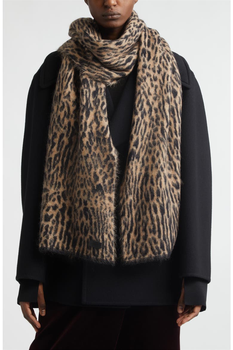 Leopard Print Mohair & Wool Blend Scarf, Alternate, color, BEIGE/ BLACK
