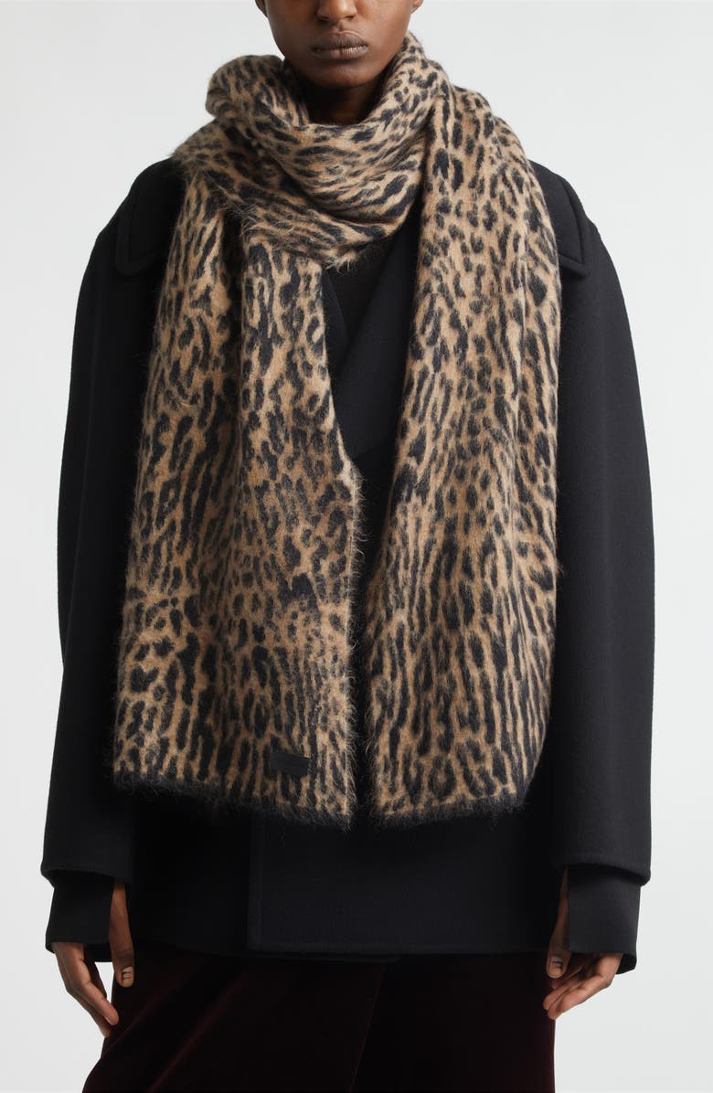 Saint Laurent Leopard Print Mohair & Wool Blend Scarf, Alternate, color, Beige/ Black