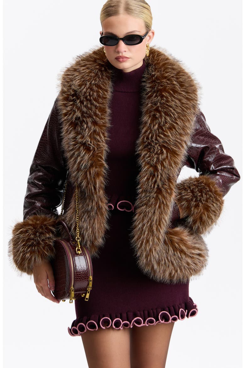 Croc Embossed Faux Leather Coat with Faux Fur Trim, Alternate, color, BORDEAUX