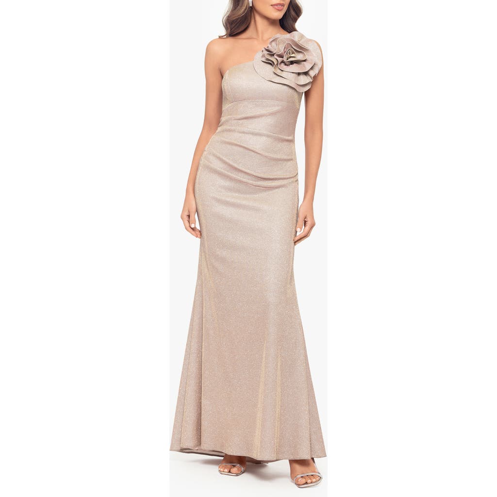 Betsy & Adam Galaxy Flower One-shoulder Gown In Neutral