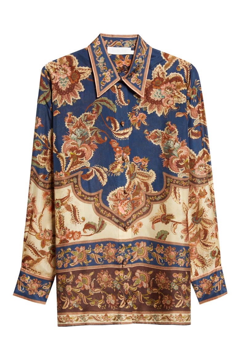 Aster Floral Border Print Silk Shirt, Alternate, color, NAVY JACOBEAN