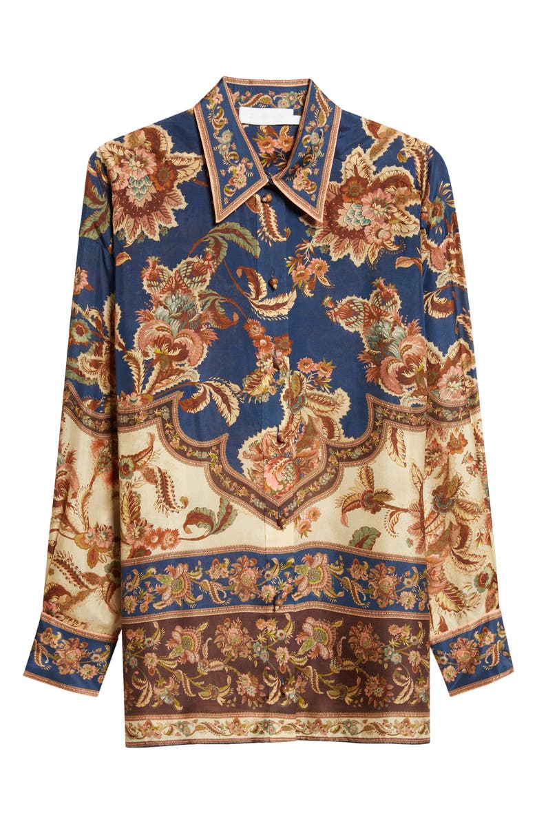 Zimmermann Aster Floral Border Print Silk Shirt, Main, color, Navy Jacobean