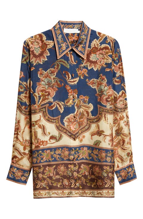 Aster Floral Border Print Silk Shirt