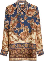Zimmermann Aster Floral Border Print Silk Shirt