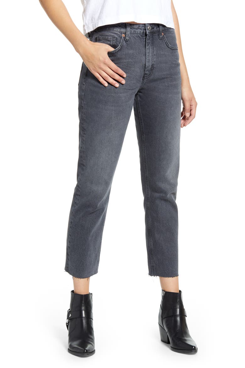 High Waist Raw Hem Straight Jeans, Main, color, WASHED BLACK
