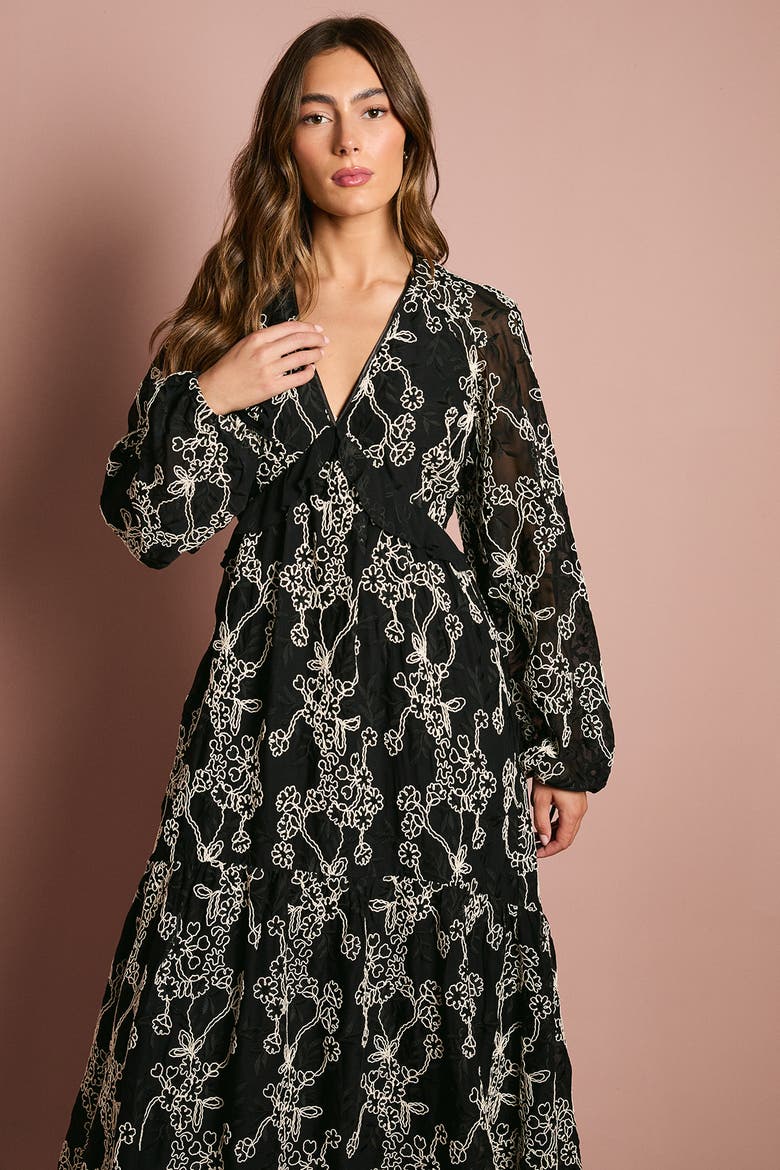 Long Sleeve Broderie Floral Midaxi Dress, Alternate, color, Mono