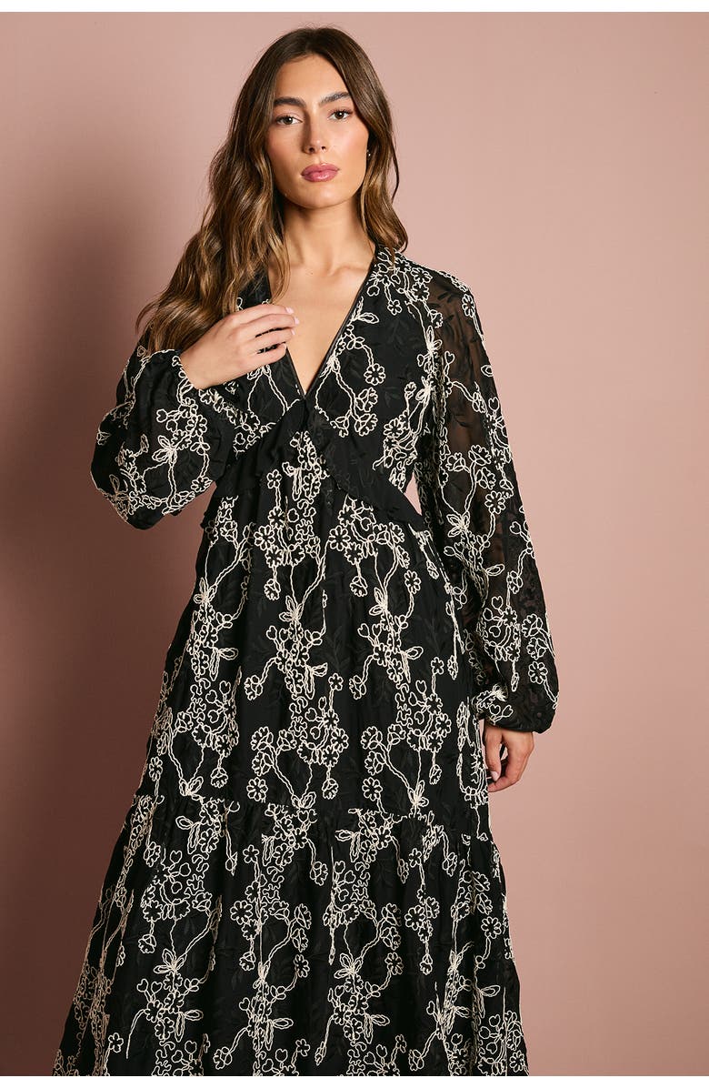 Coast Long Sleeve Broderie Floral Midaxi Dress, Alternate, color, Mono