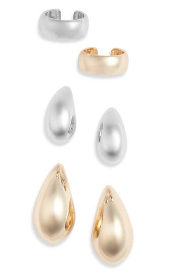 Open Edit Teardrop Stud Earrings & Ear Cuff Set In Gold- Rhodium