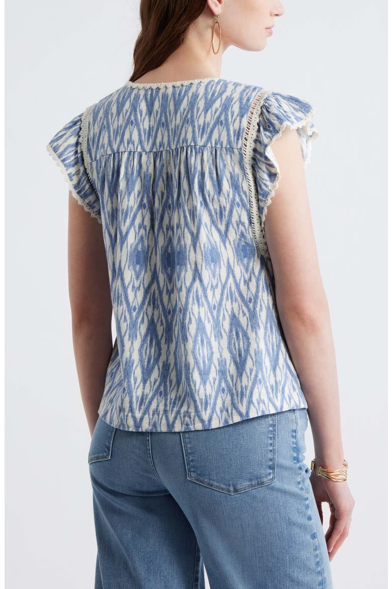 Crochet Trim Linen Blend Top, Alternate, color, IVORY- BLUE DIAMOND IKAT